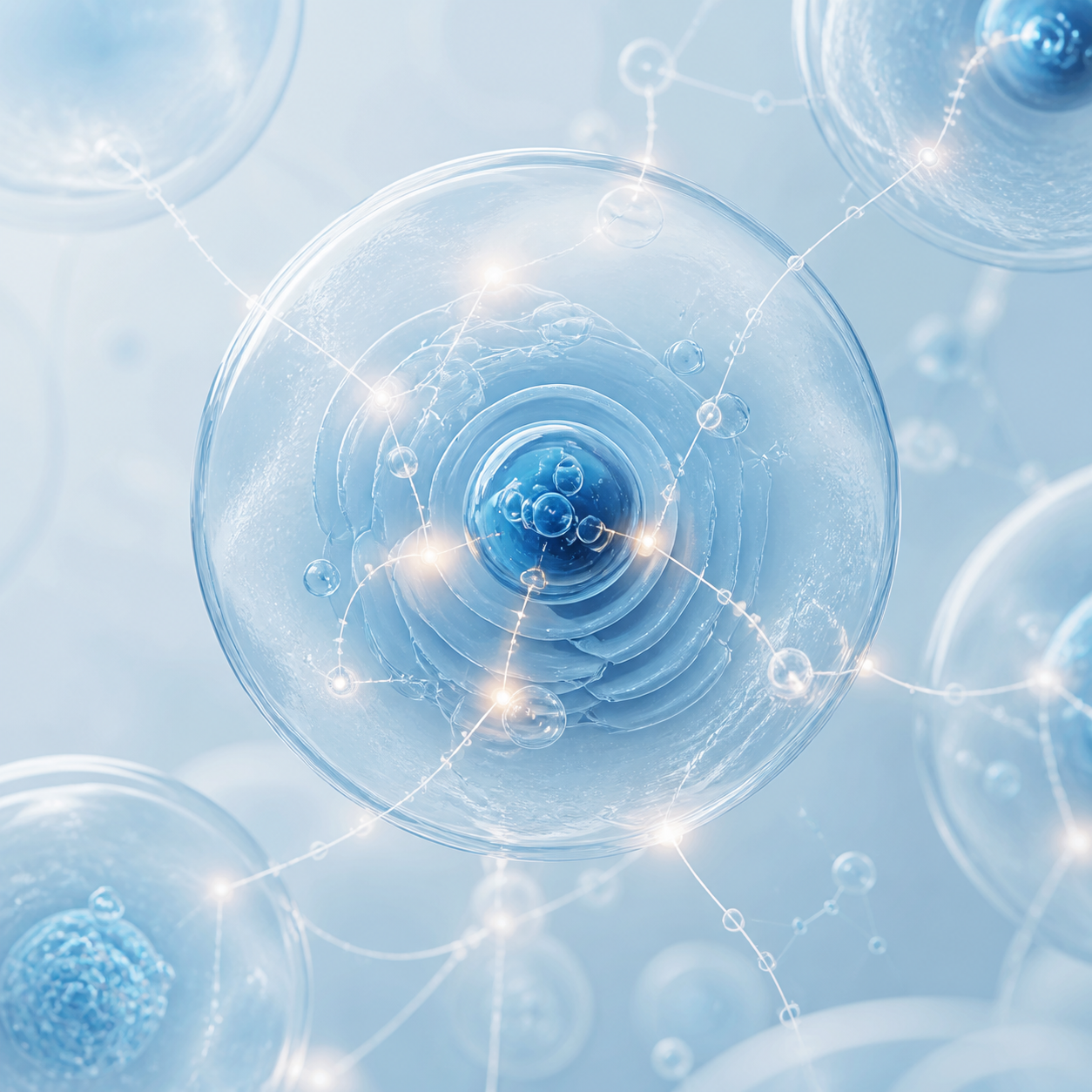 Abstract pale blue conceptual artwork of connected cellular structures