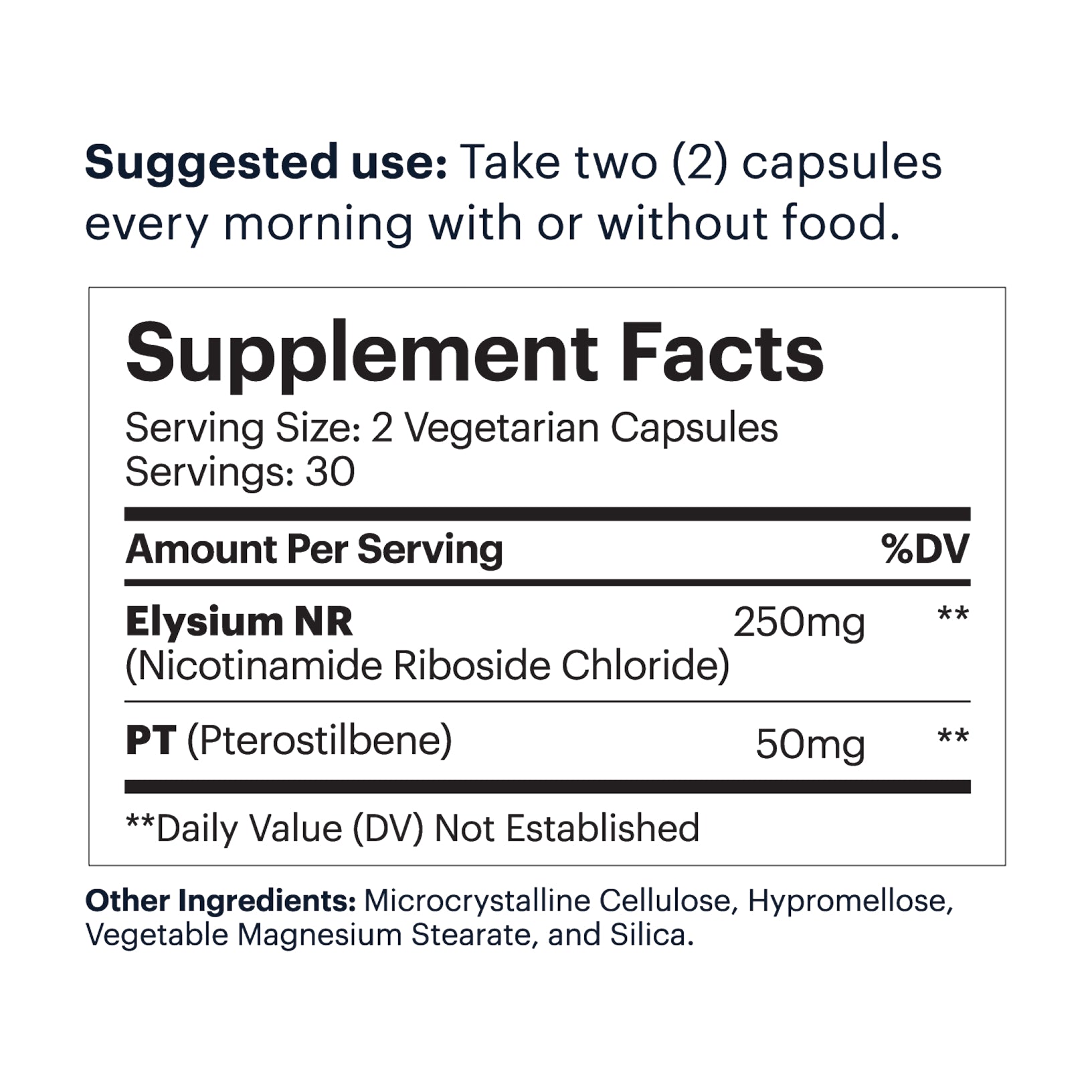 Basis Supplement Facts showing 250 mg Elysium NR and 50 mg pterostilbene per two-capsule serving